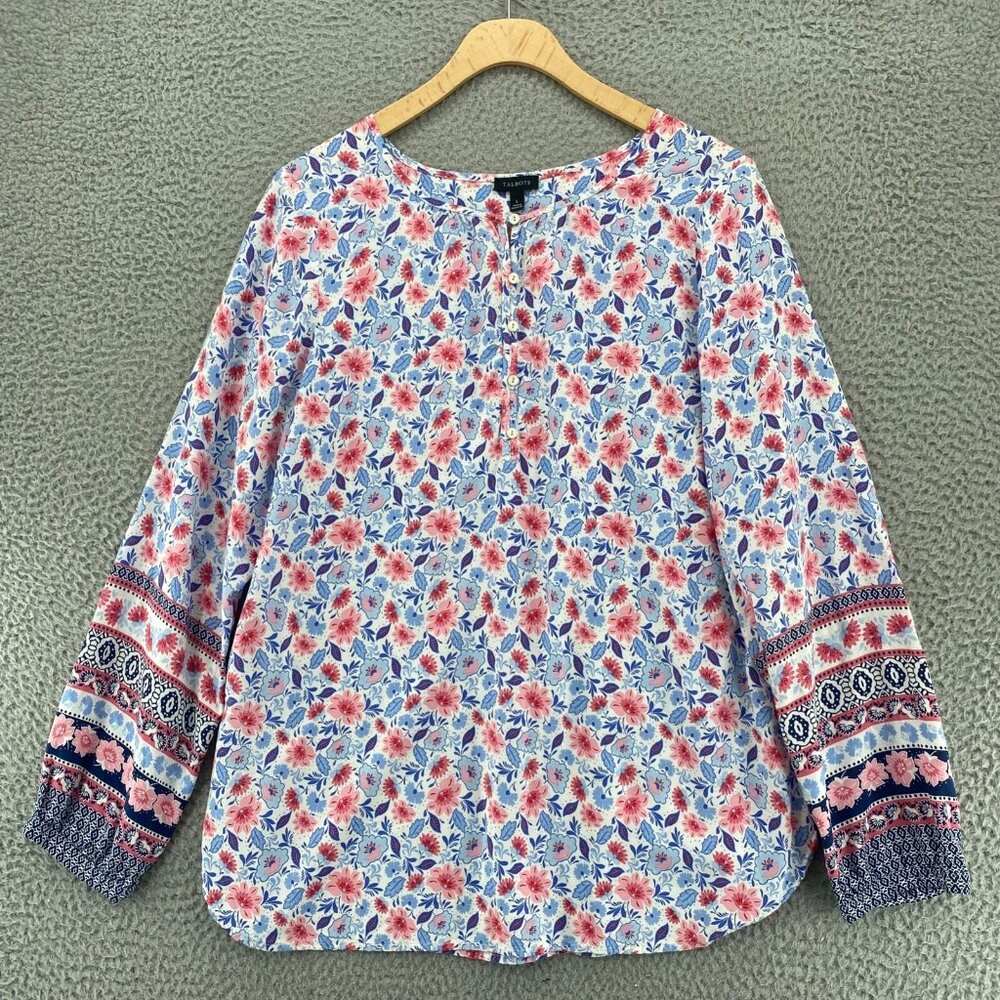 Talbots Top Womens Large Blue Multi Floral Long Sleeve 1/4 Button Popover Blouse